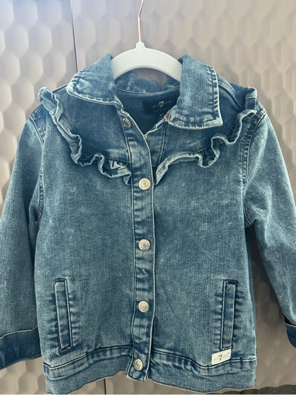 7 For All Mankind Girls' Washed Blue Denim Jacket with Ruffle Collar